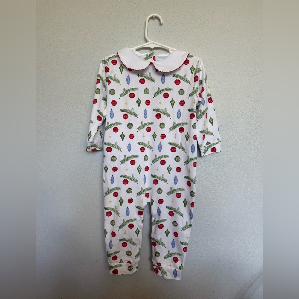 Little English White Baby Playsuit with Red Trim and Green Pine Print